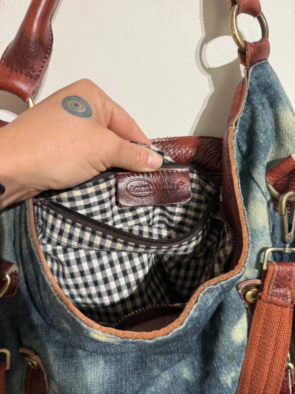 Unique Distressed Denim and Rich Leather Messenger Bag